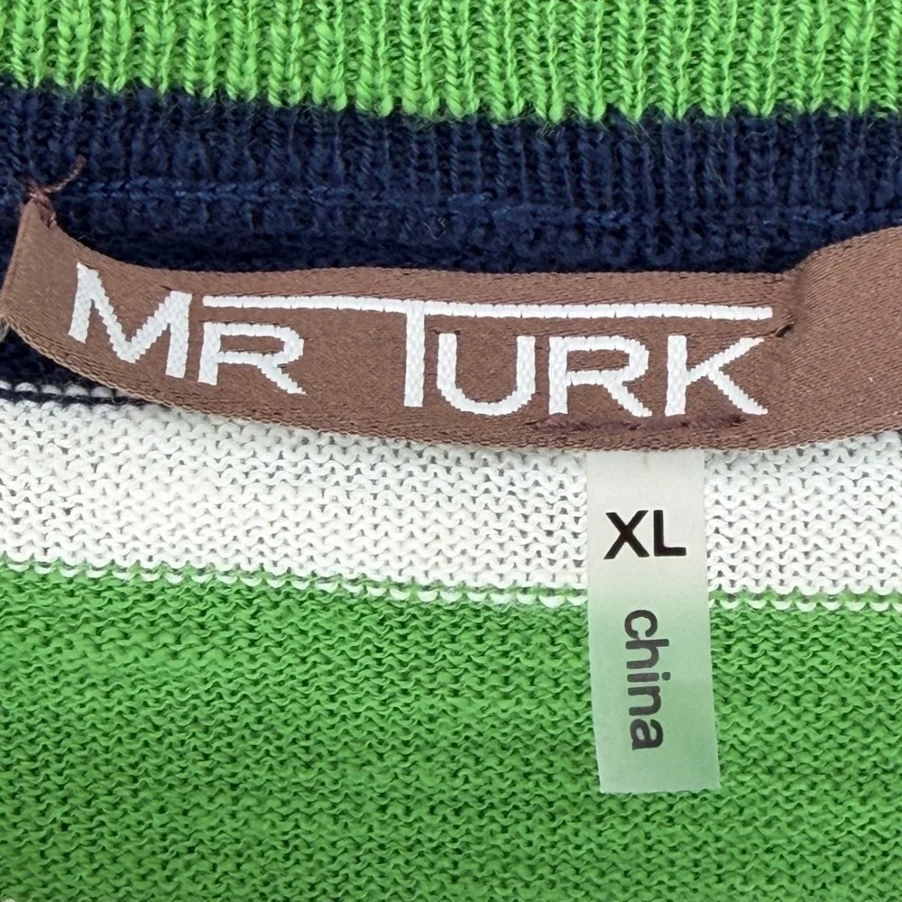 Mr Turk Mens XL Striped Cotton Crewneck Sweater Navy Blue Green White 2002900CO2